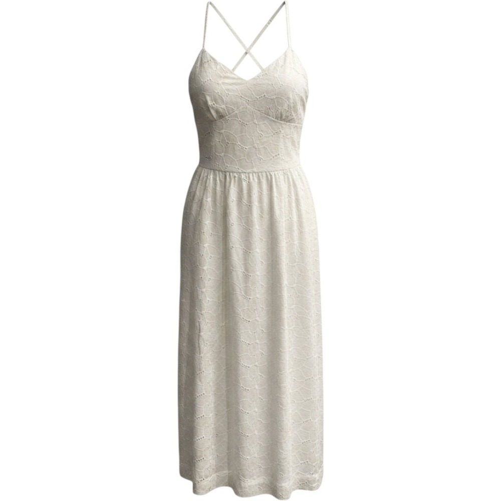 White Floral Eyelet Midi Dress Size XL Strappy Smocked Babydoll Graduation Event